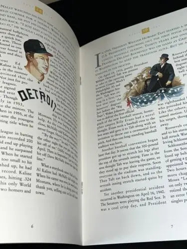 Open book with illustrations and text from Larry Dierker Baseball Library signed autograph