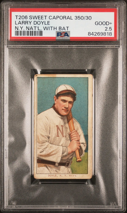 PSA-graded T206 Sweet Caporal card of Larry Doyle in white uniform with bat