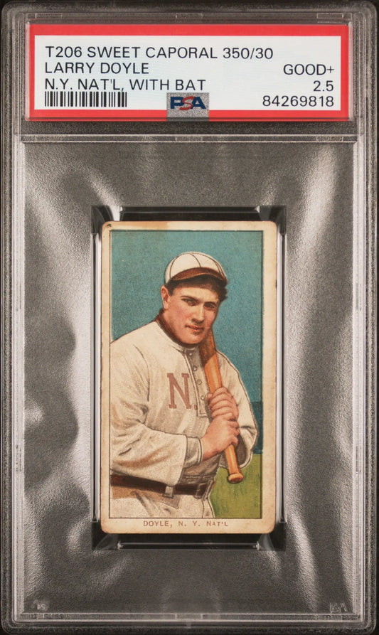 PSA-graded T206 Sweet Caporal card of Larry Doyle in white uniform with bat