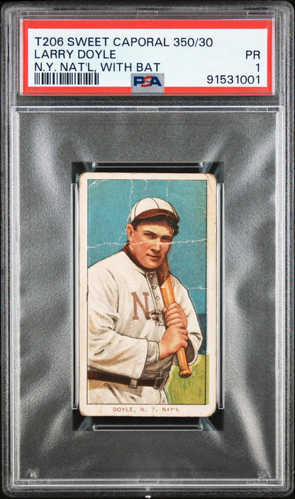 PSA-graded T206 Sweet Caporal card of Larry Doyle holding a bat in white uniform