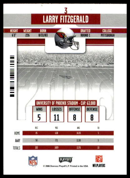 Larry Fitzgerald football card from 2006 Playoff Contenders series featuring Arizona Cardinals
