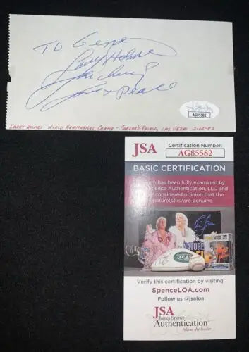 Autographed Larry Holmes index card memorabilia with JSA certification for collectors