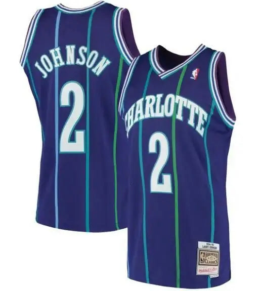Two purple NBA jerseys with teal and green stripes and white numbers for Larry Johnson Charlotte Hornets 1994/95 Hardwood Classics Swingman Jersey