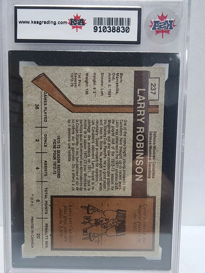 Back side of Larry Robinson 1973 O-Pee-Chee trading card in protective case
