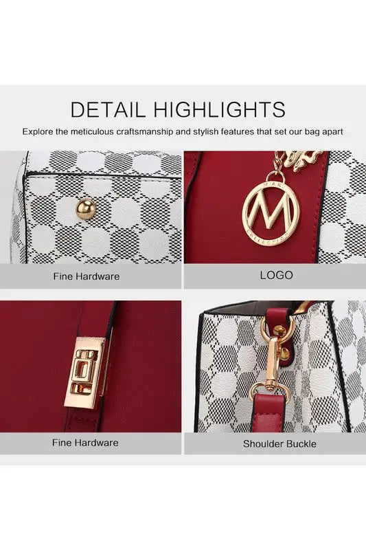 Mia Navy Satchel with turn lock closure, white and red pattern, gold hardware, and wallet