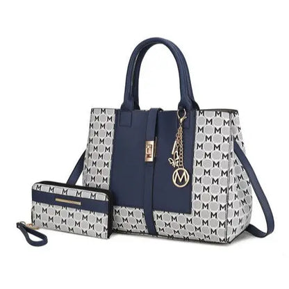 MIA Navy Satchel with turn lock closure and matching wallet, stylish women’s accessories