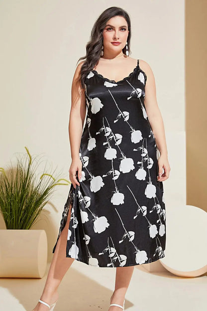 Black satin slip dress with white rose print and elegant lace trim for women’s nightgown
