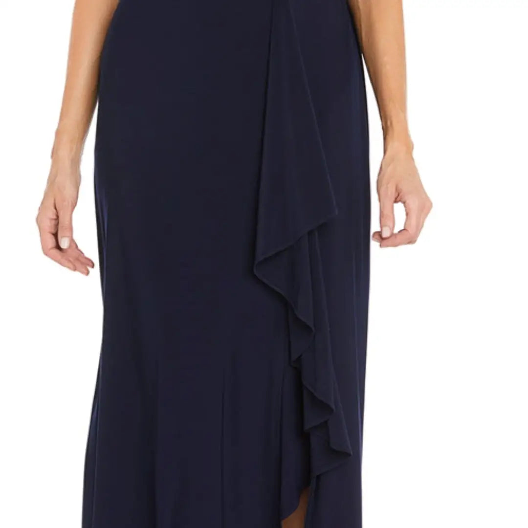 Navy blue sleeveless formal maxi gown with ruffled side slit, size 10, RM Richards