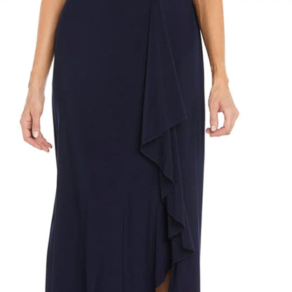 Navy blue sleeveless formal maxi gown with ruffled side slit, size 10, RM Richards
