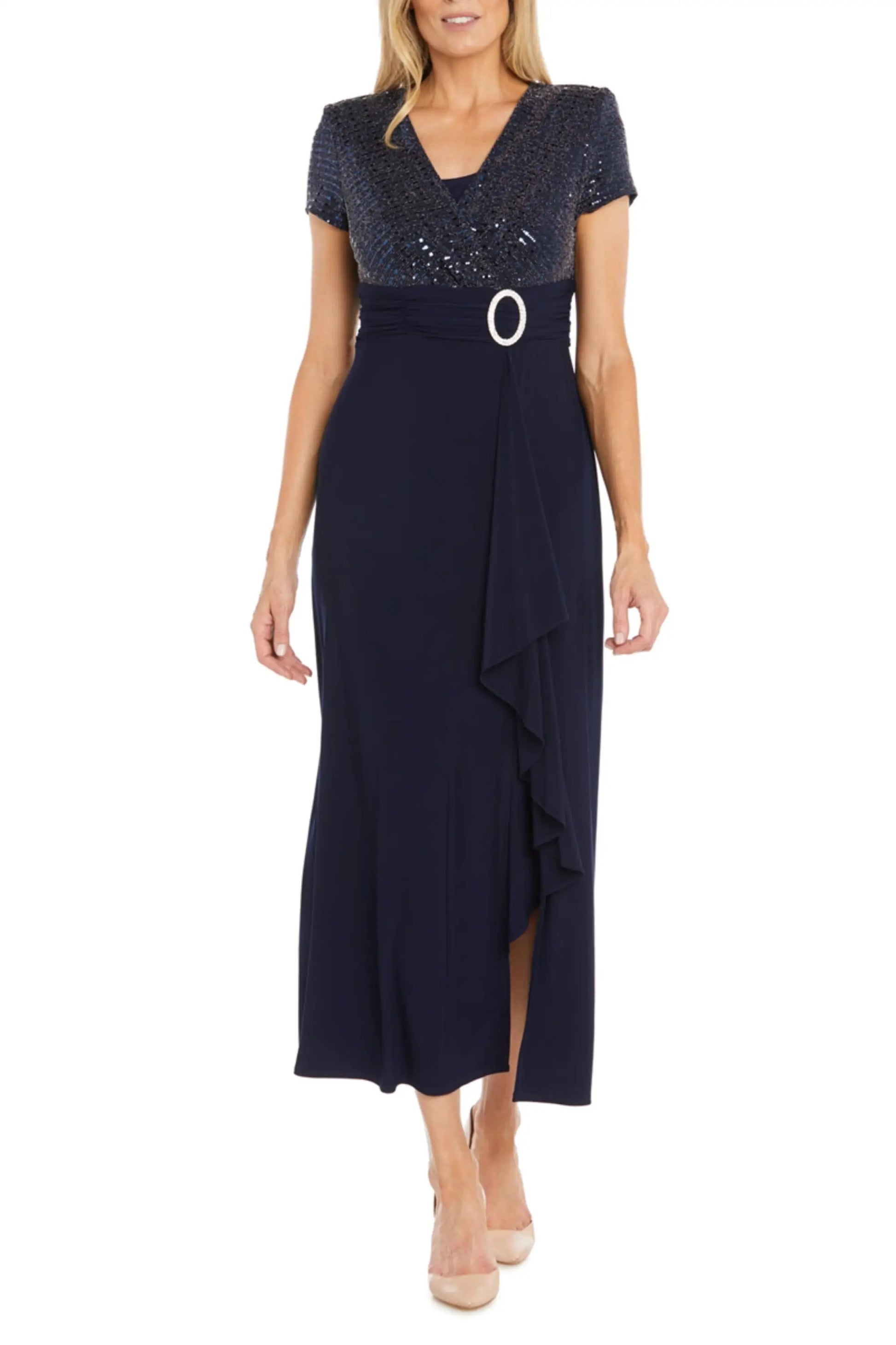 Women’s navy blue sequined short-sleeve midi dress with ruffled side slit and white buckle