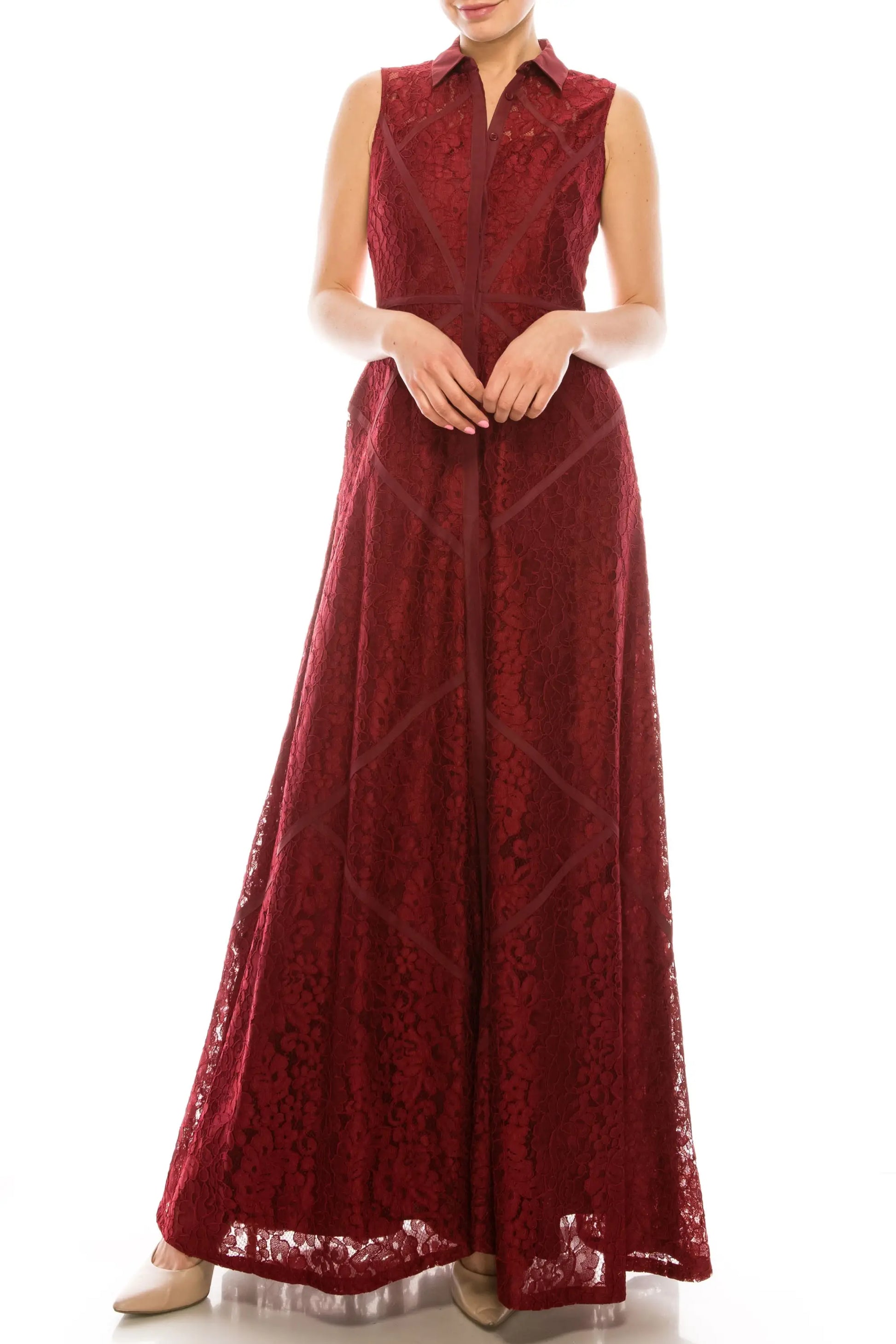 Wine red Aidan Mattox sleeveless lace dress with collared long A-line skirt