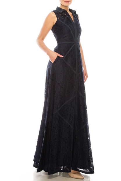 Wine red Aidan Mattox sleeveless lace maxi dress with collared V-neck and pockets