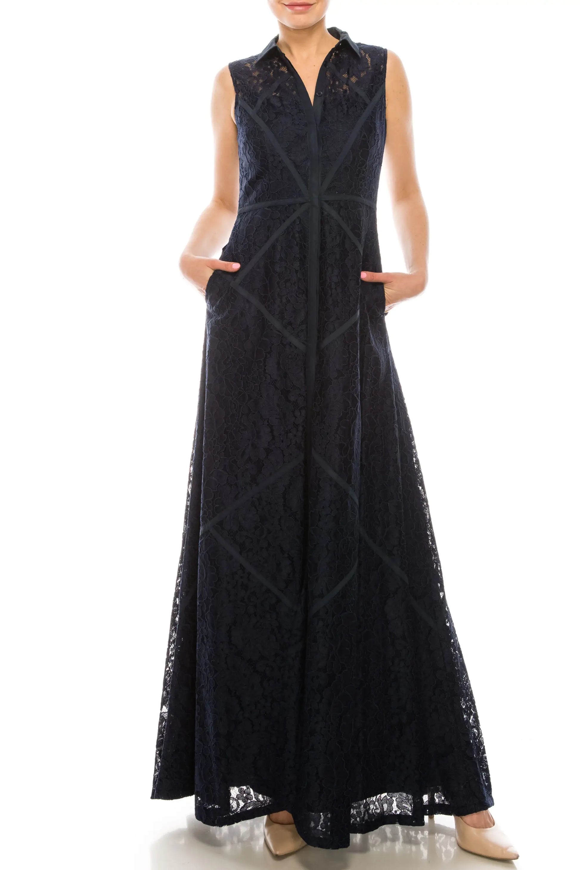Wine red Aidan Mattox lace maxi dress with V-neckline, side pockets, and full-length skirt