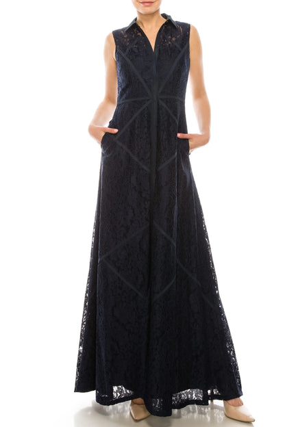 Wine red Aidan Mattox lace maxi dress with V-neckline, side pockets, and full-length skirt