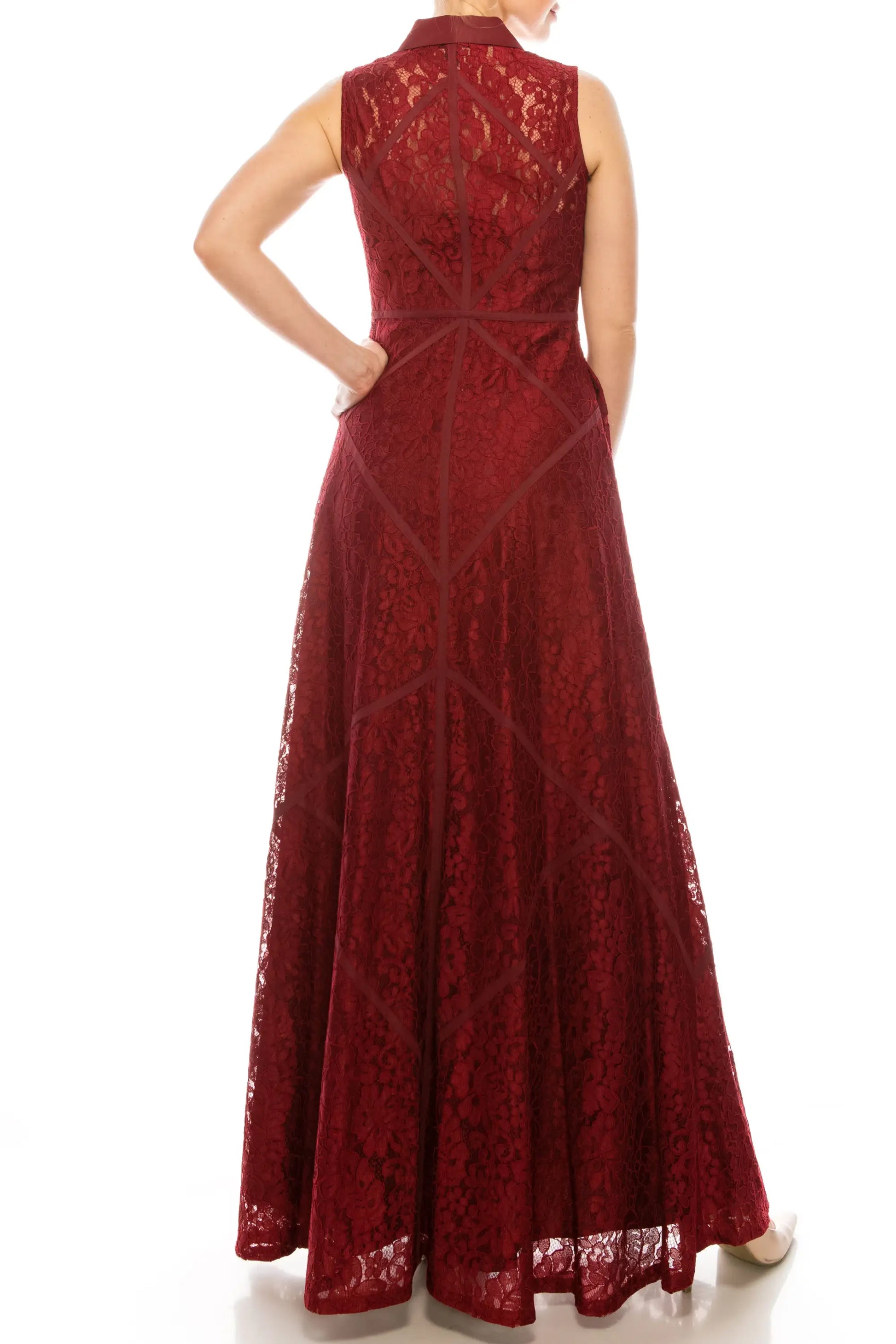 Wine red Aidan Mattox sleeveless lace gown with geometric seam details and collared neckline