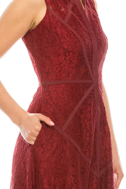 Wine red Burgundy lace halter neck dress with geometric ribbon trim and pockets by Aidan Mattox