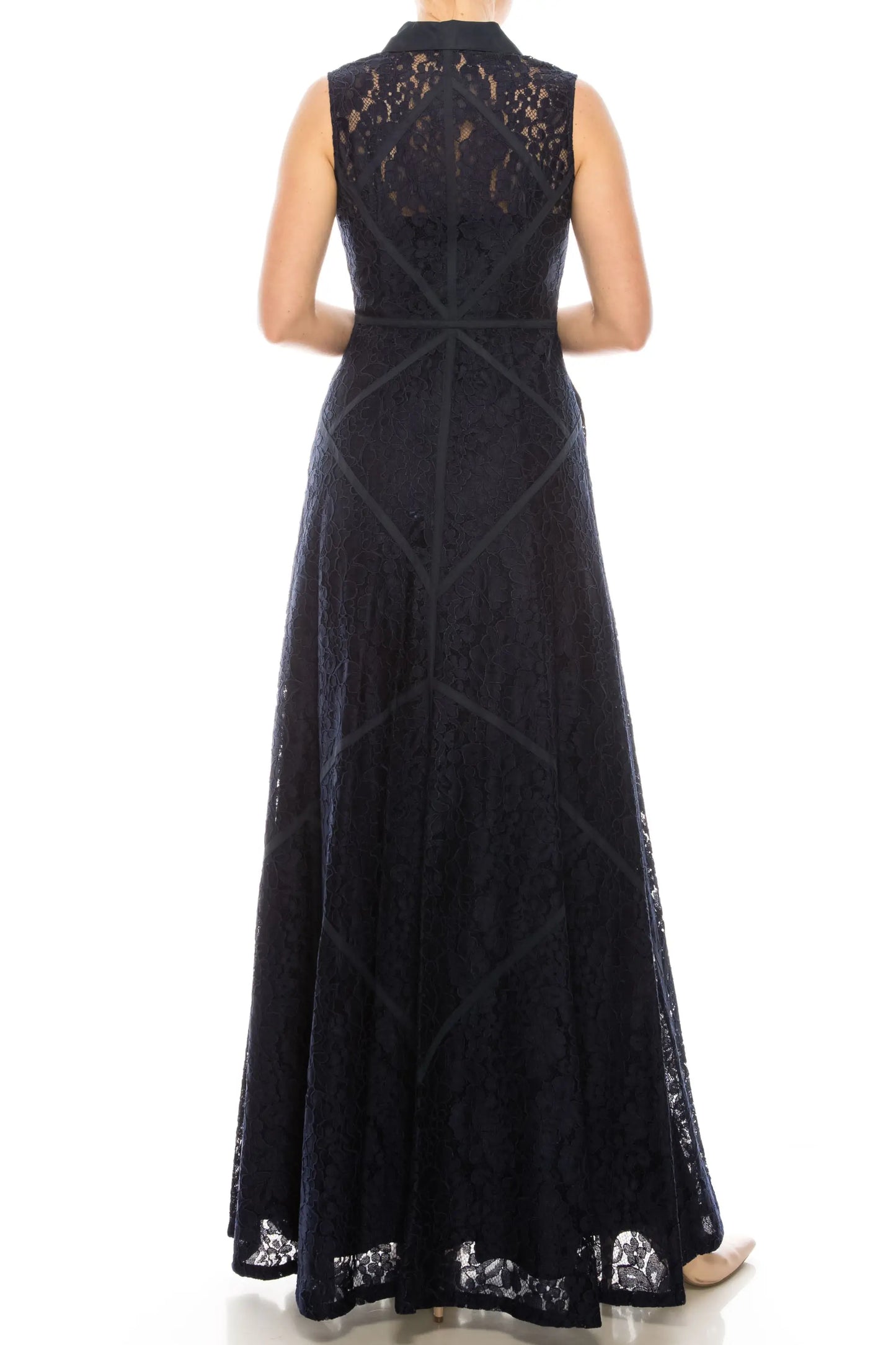 Wine red Aidan Mattox sleeveless lace maxi dress with collar for elegant evening wear