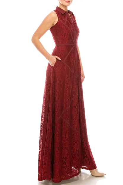 Wine red Aidan Mattox floor-length lace gown with pockets and fitted bodice