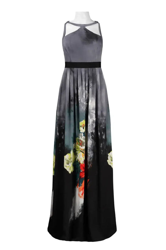 Gray and black sleeveless floral print maxi dress with cutout neckline from LAST ONES A. Papell