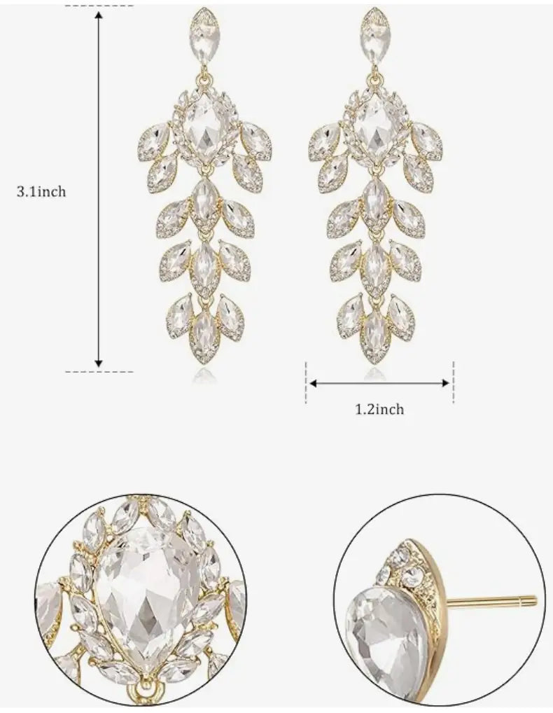 Gold-toned crystal chandelier earrings with clear pear and marquise-cut rhinestones for ear piercing