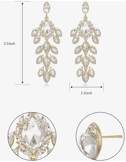 Gold-toned crystal chandelier earrings with clear pear and marquise-cut rhinestones for ear piercing