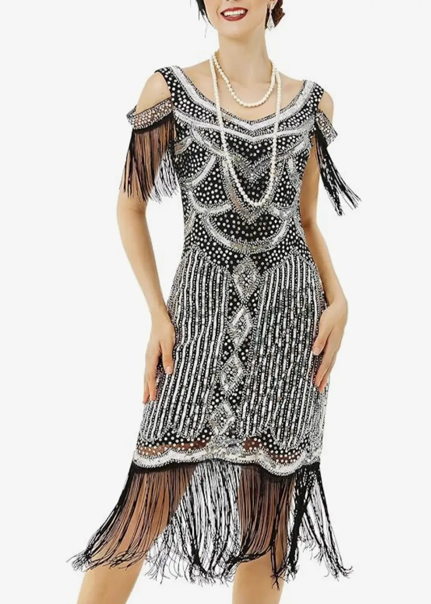 LAST ONES Bee’s Knees Silver & Black Off-Shoulder Cocktail Deco Flapper LG & XLG REMAINING Party Attire Women’s