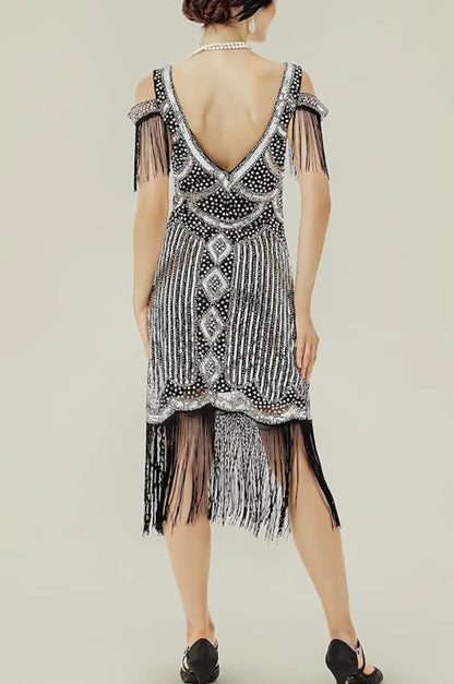 LAST ONES Bee’s Knees Silver & Black Off-Shoulder Cocktail Deco Flapper LG & XLG REMAINING Party Attire Women’s