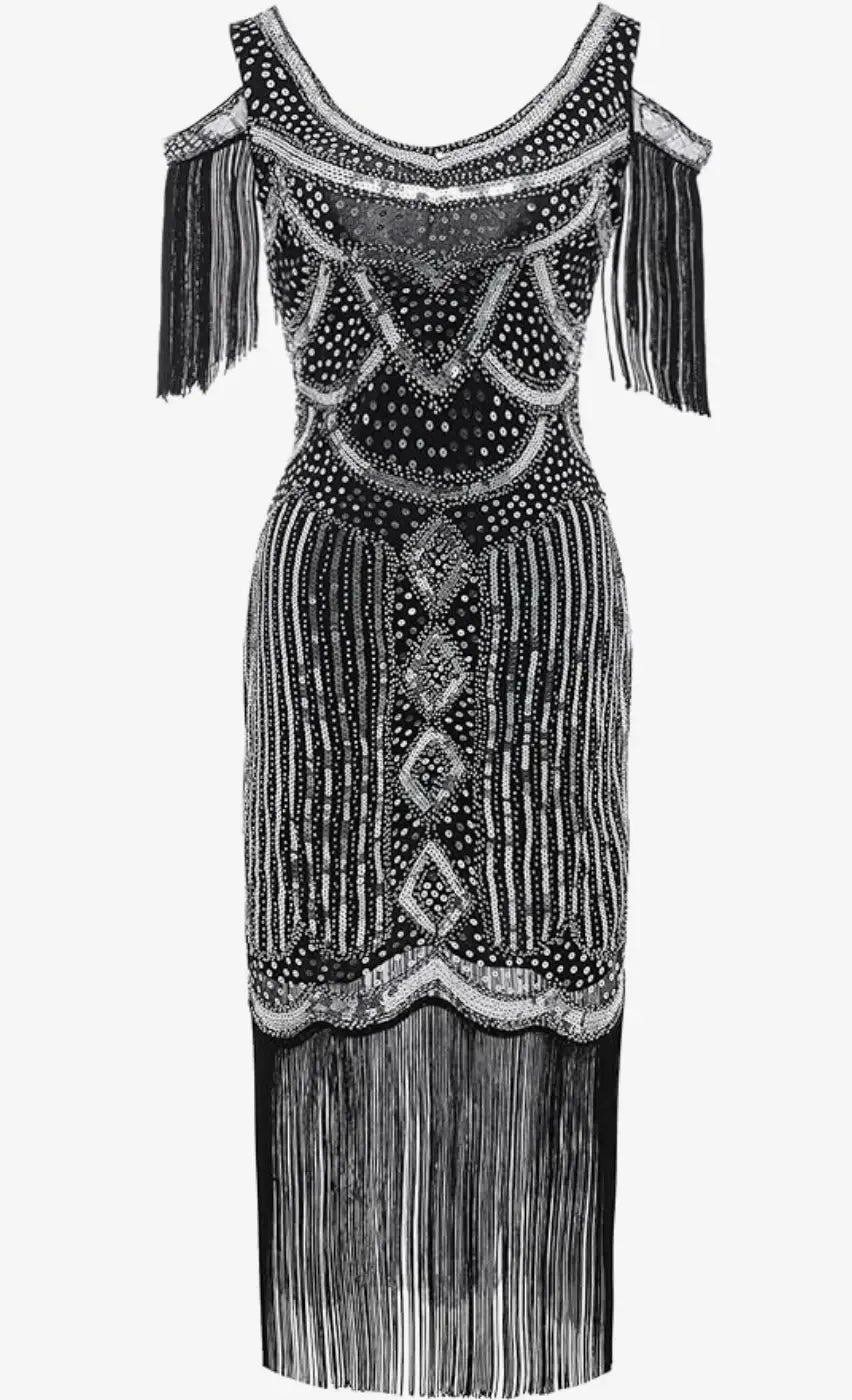 LAST ONES Bee’s Knees Silver & Black Off-Shoulder Cocktail Deco Flapper LG & XLG REMAINING Party Attire Women’s