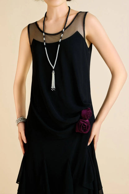 Black sleeveless dress with sheer neckline and Burgundy floral accents for a Gatsby-inspired look