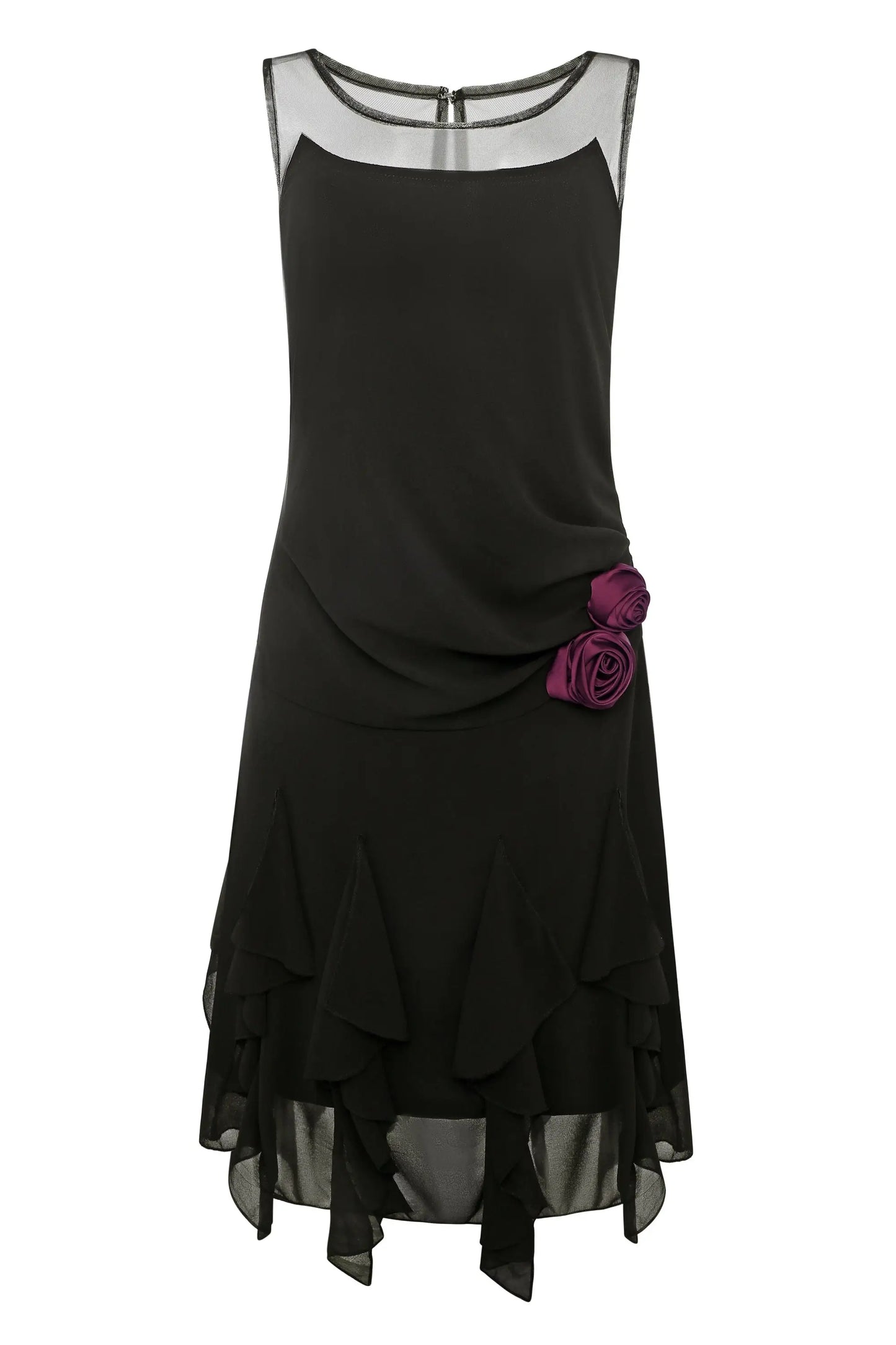 Black sleeveless dress with sheer neckline and purple rose appliques for elegant fashion
