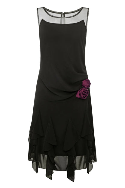 Black sleeveless dress with sheer neckline and purple rose appliques for elegant fashion