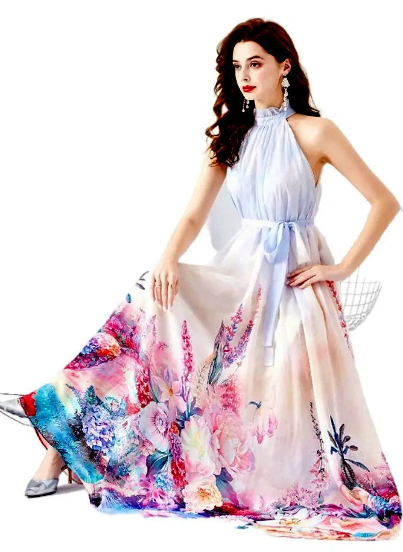 Claude Designs chiffon halter floral maxi dress with tied waist in light blue, available in medium and large sizes