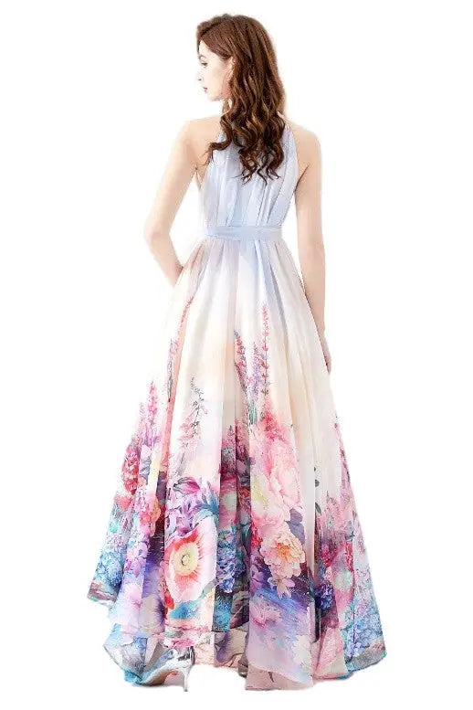 Women’s light blue chiffon halter floral maxi dress by Claude Designs in medium and large sizes
