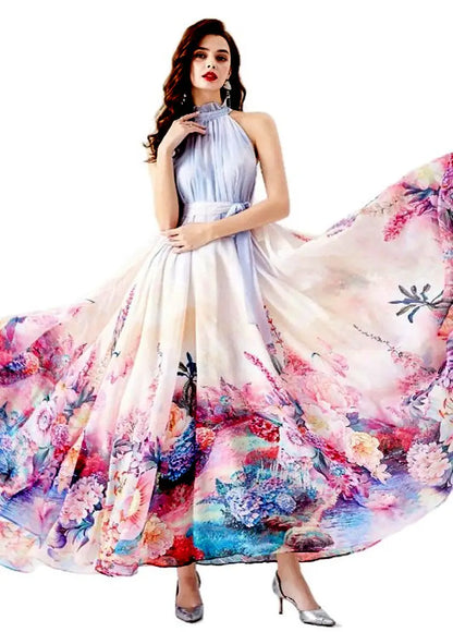 Claude Designs chiffon halter floral maxi dress in light blue for women’s summer wear