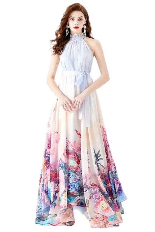 Claude Designs chiffon halter floral maxi dress in light blue with vibrant pink purple print