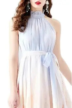 Claude Designs chiffon halter floral maxi dress in light blue and white with tie-belt
