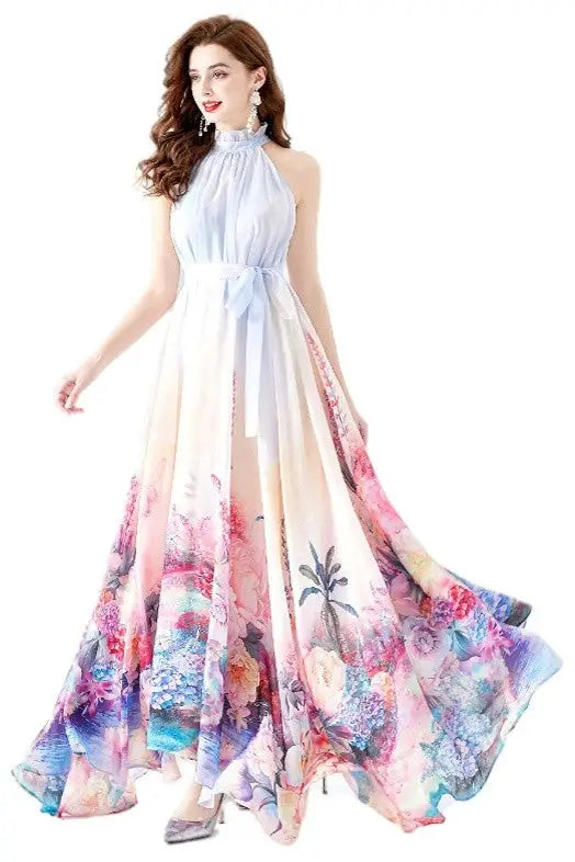 Claude Designs chiffon halter floral maxi dress in light blue with vibrant pink purple and blue print