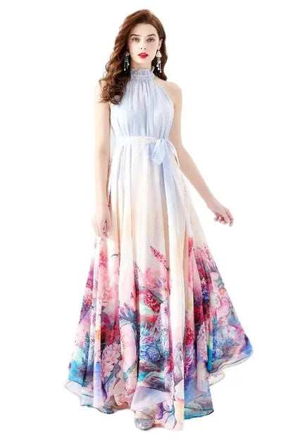 Claude Designs chiffon halter floral maxi dress in light blue with flowing floral-print skirt