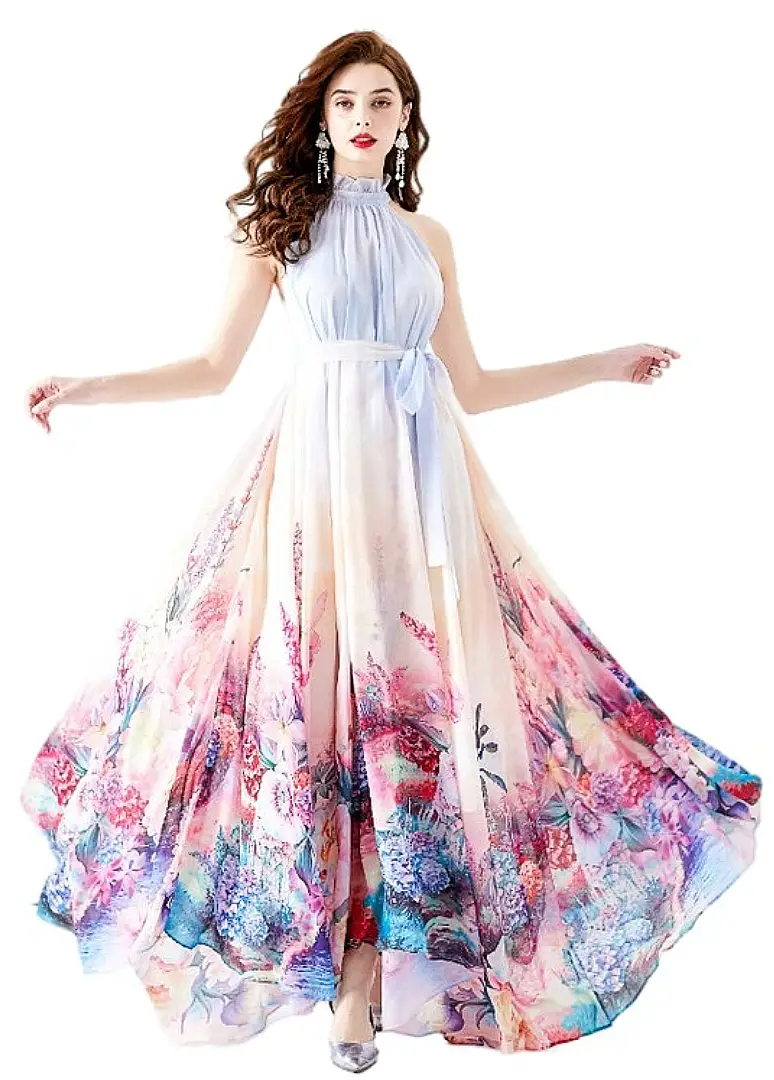 Claude Designs chiffon halter floral maxi dress in light blue with flowing skirt for women