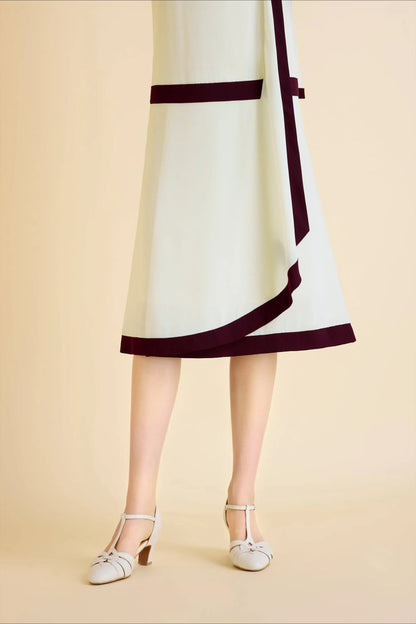 Downton Abbey replica draped cascading light green wrap dress with dark red trim