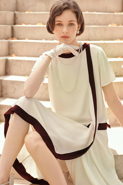 Downton Abbey replica dress with draped cascading ruffle and pearl necklace for women