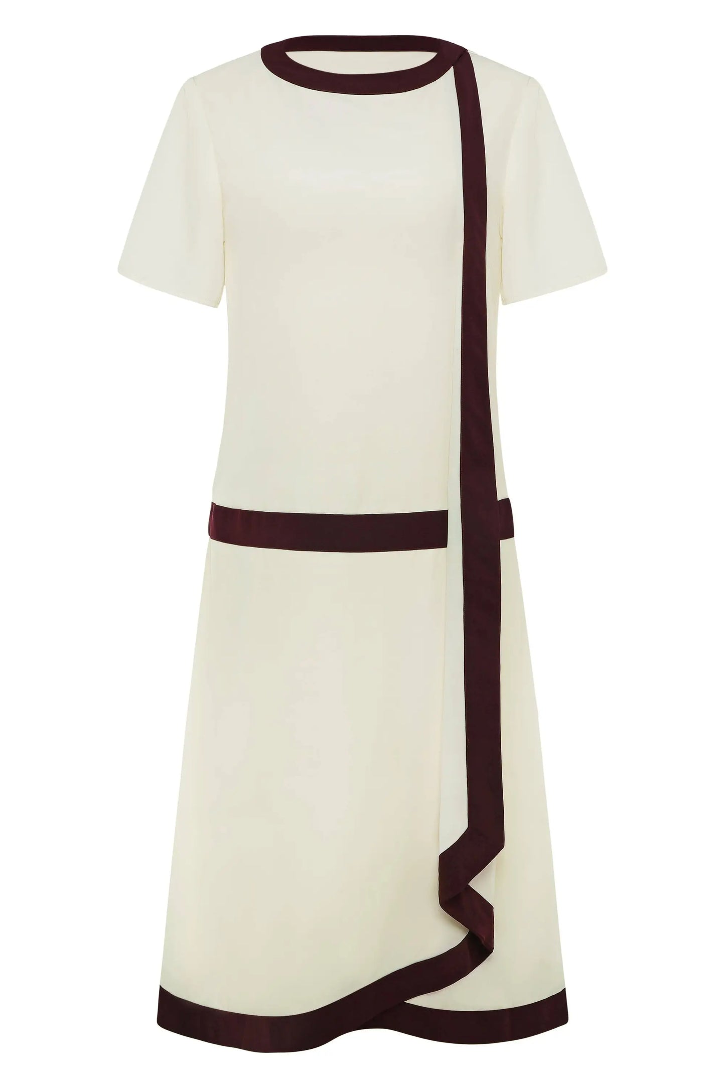 Cream-colored Downton Abbey replica dress with short sleeves and brown trim featuring draped cascading ruffles
