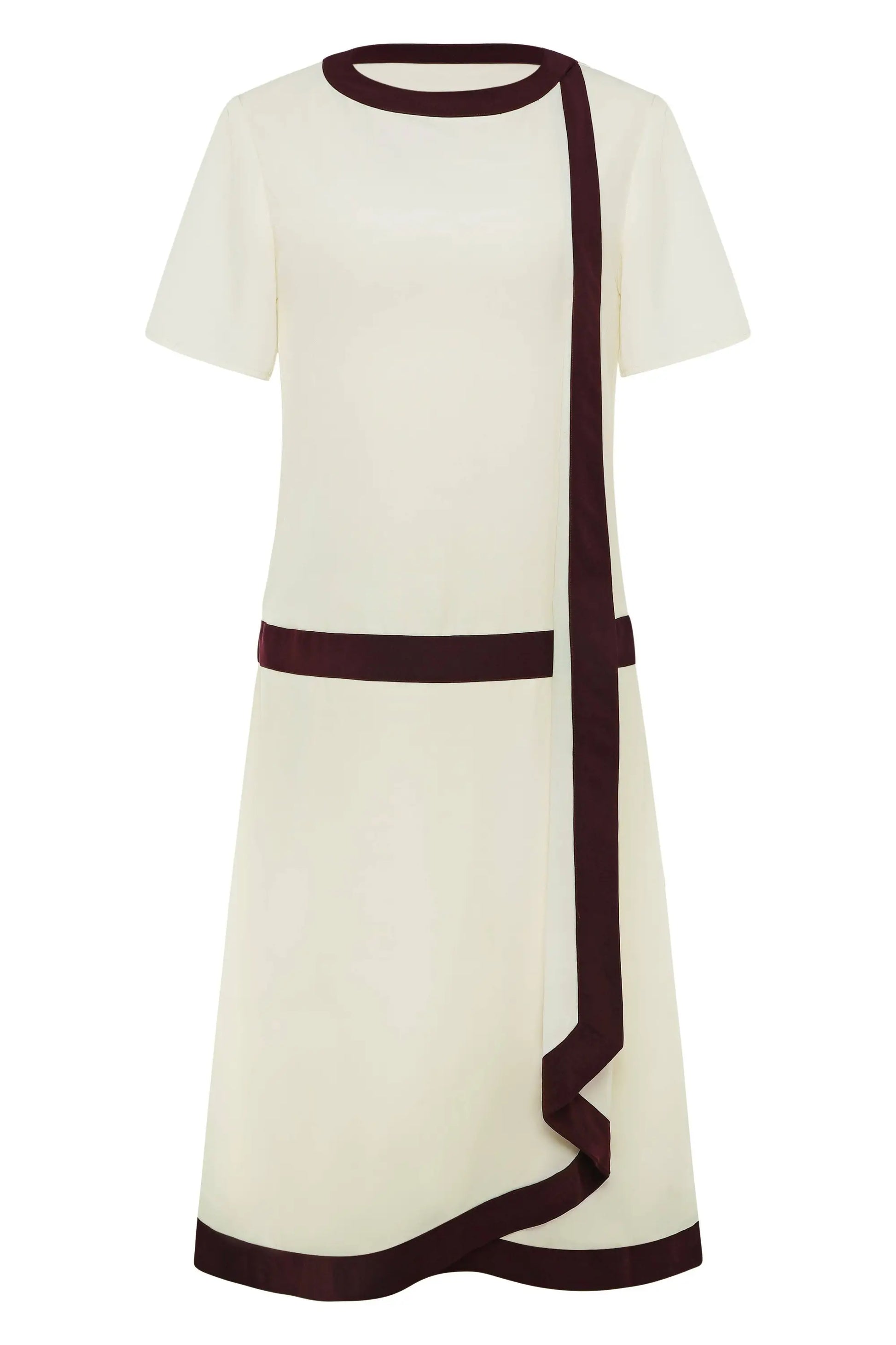 Cream-colored Downton Abbey replica dress with short sleeves and brown trim featuring draped cascading ruffles