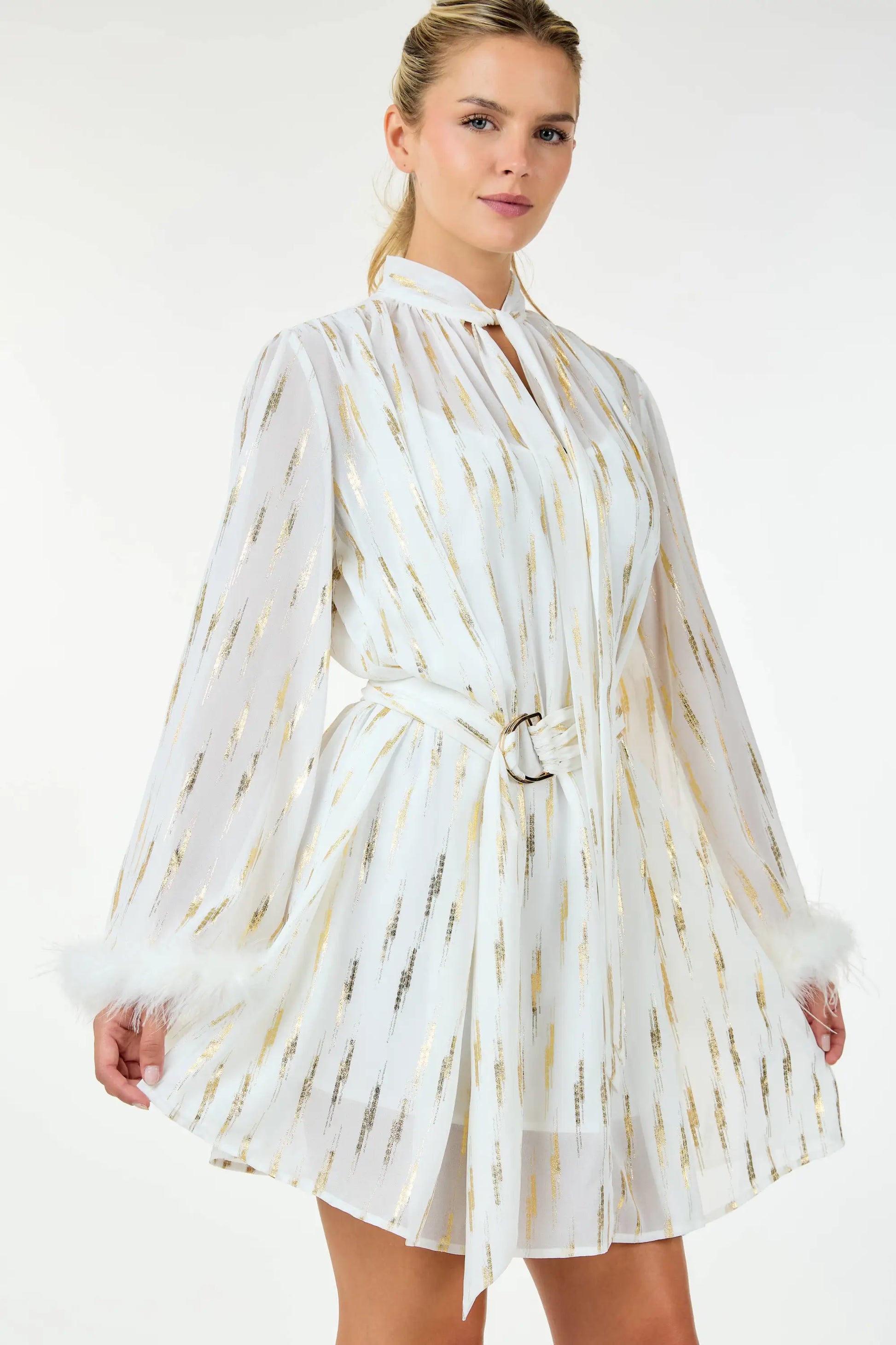 LAST ONES! Great Price! CQbyCQ’s Metallic Print & Feathered Cocktail Mini Women’s Party New Years! Holiday Apparel