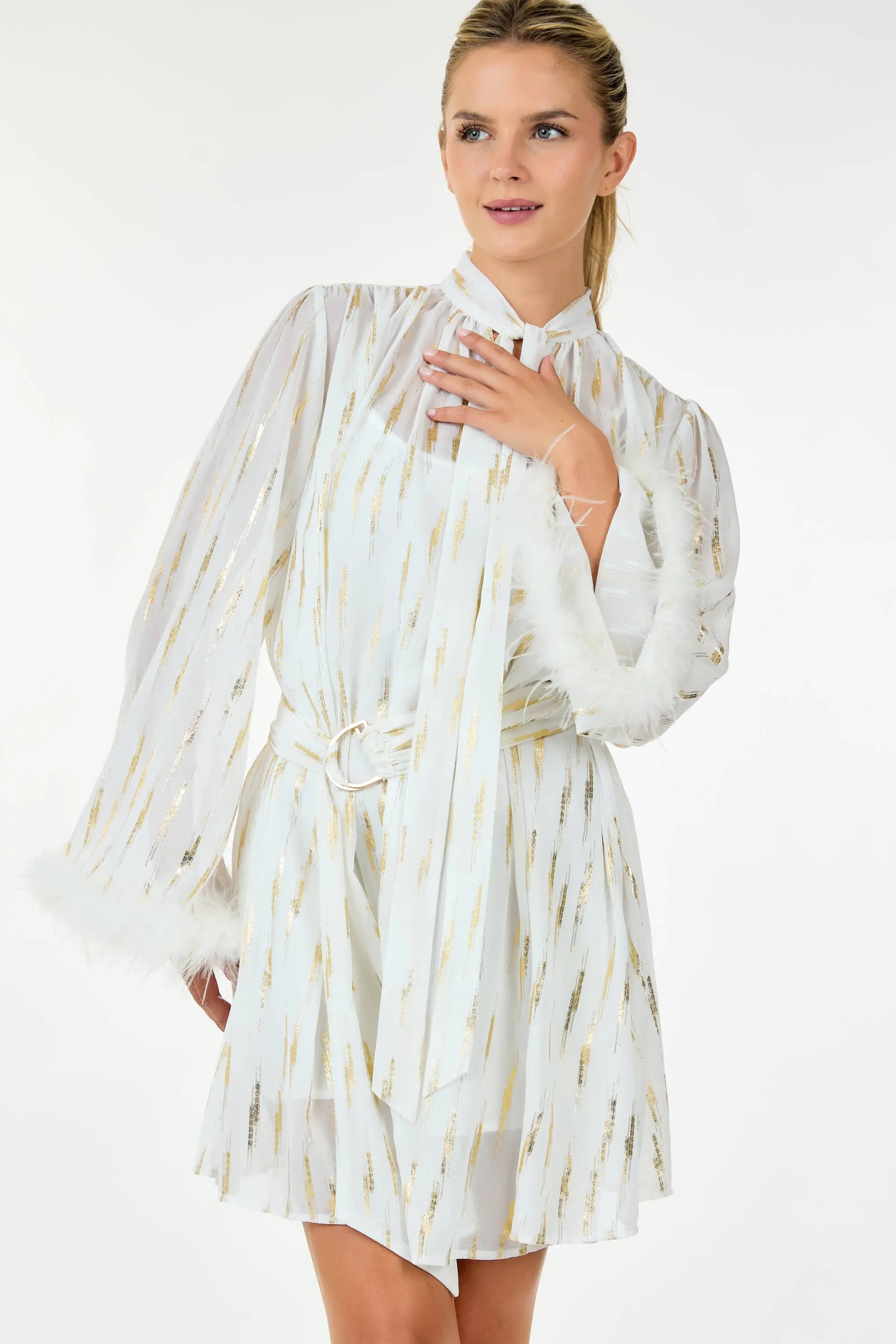 LAST ONES! Great Price! CQbyCQ’s Metallic Print & Feathered Cocktail Mini Women’s Party New Years! Holiday Apparel