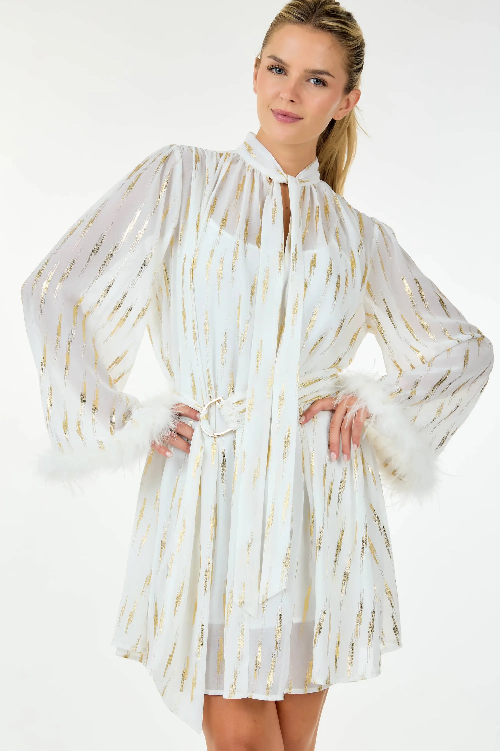 LAST ONES! Great Price! CQbyCQ’s Metallic Print & Feathered Cocktail Mini Women’s Party New Years! Holiday Apparel