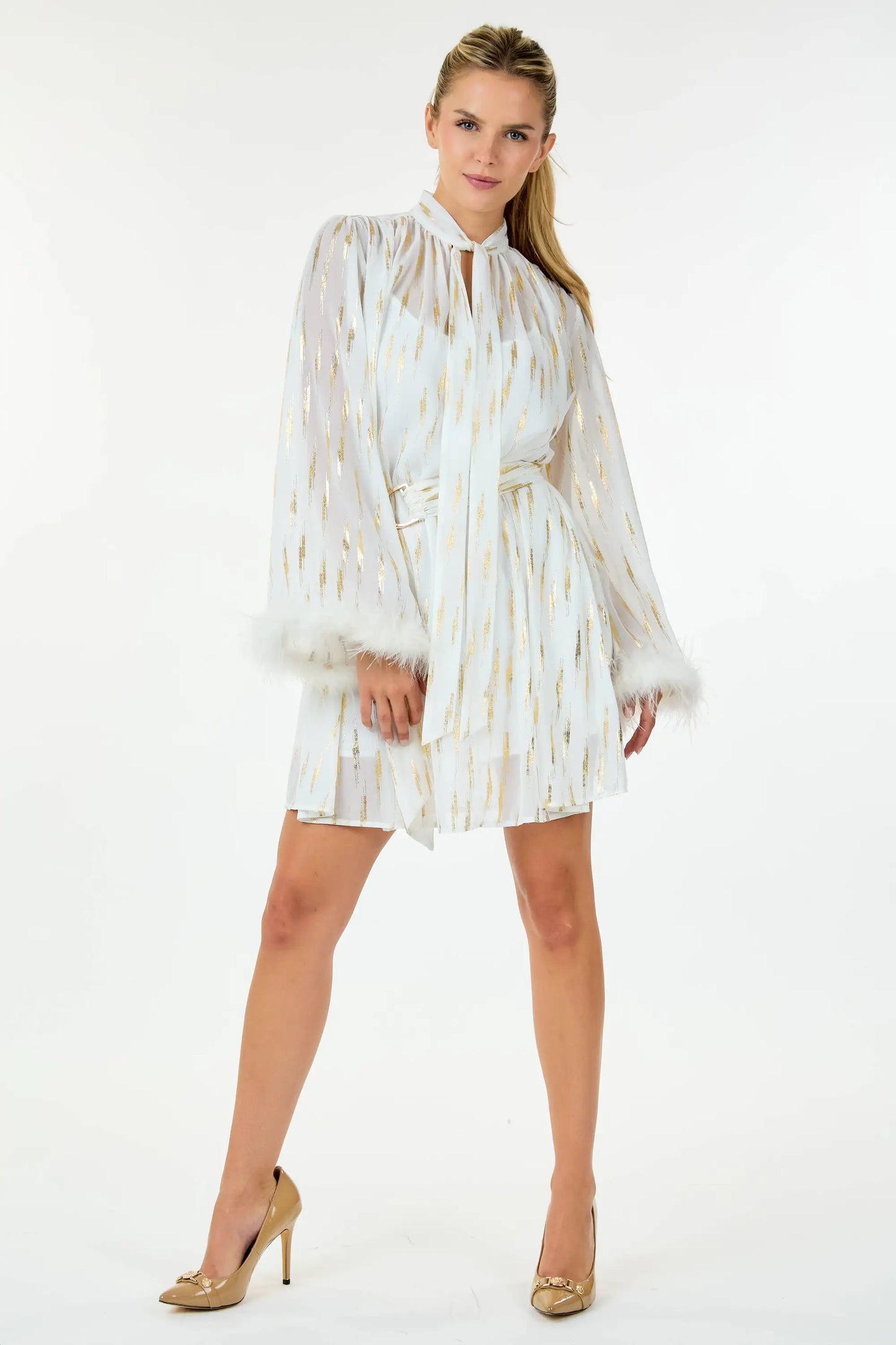 LAST ONES! Great Price! CQbyCQ’s Metallic Print & Feathered Cocktail Mini Women’s Party New Years! Holiday Apparel