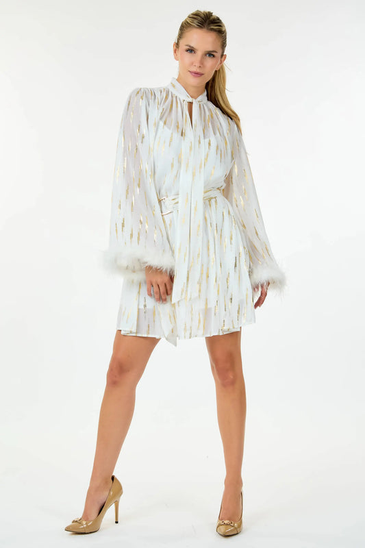 LAST ONES! Great Price! CQbyCQ’s Metallic Print & Feathered Cocktail Mini Women’s Party New Years! Holiday Apparel