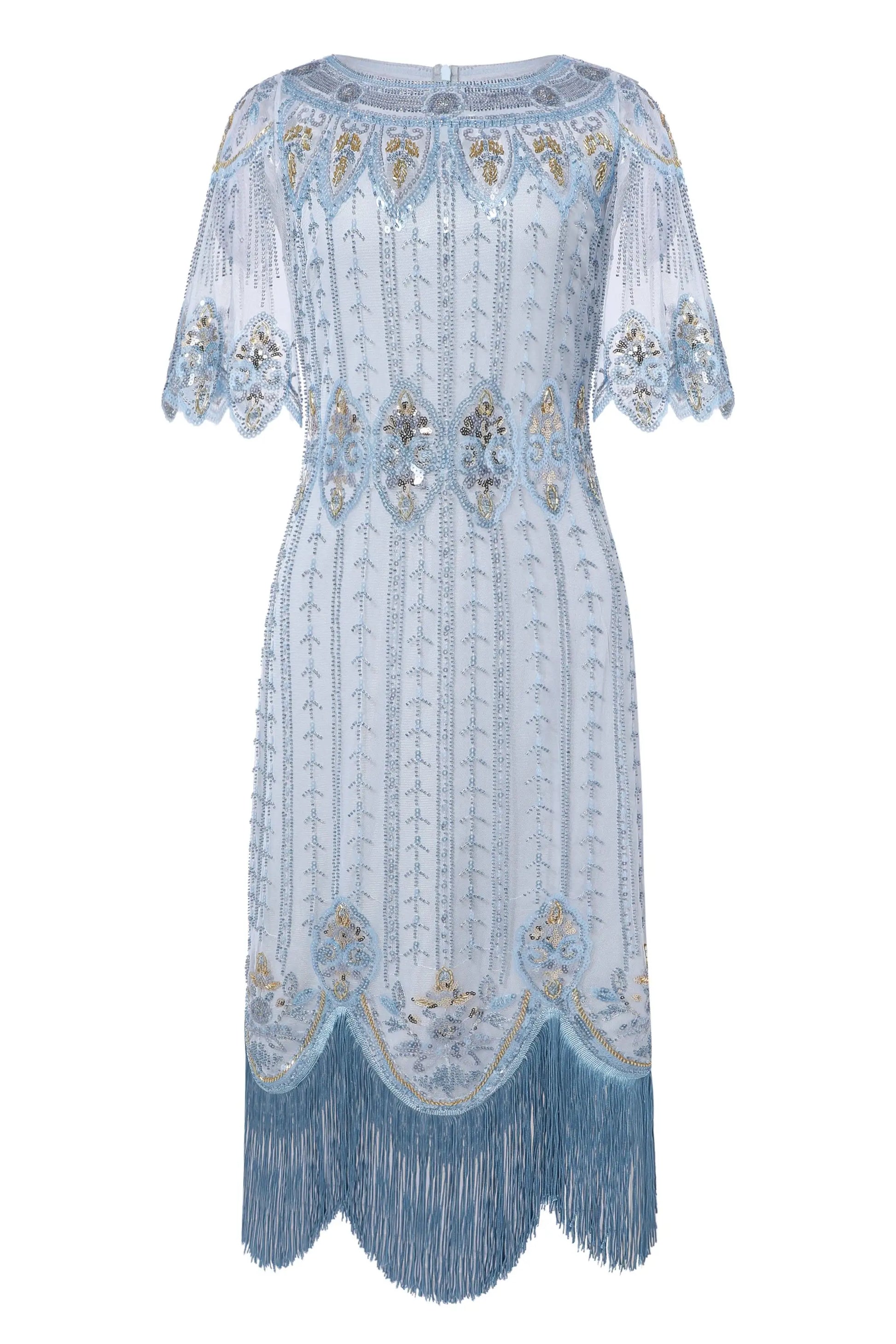 Sky blue beaded flapper dress with short cape sleeves and fringed hem for cocktail events