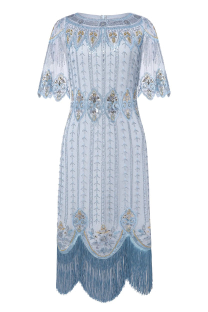 Sky blue beaded flapper dress with short cape sleeves and fringed hem for cocktail events